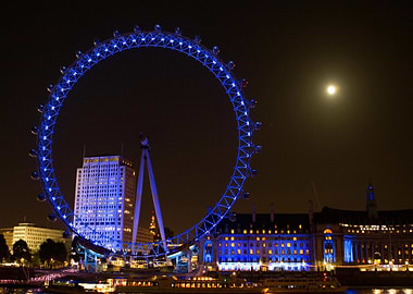London Eye at Night with Moon