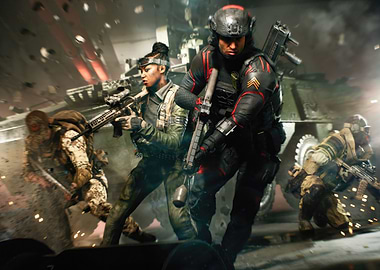 Soldiers in combat zone, action scene