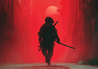 Silhouette of a Warrior in Red Alley