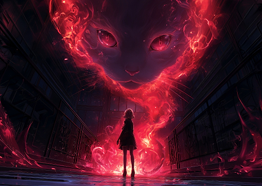 Girl and Fiery Cat Spirit