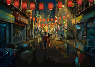 Jabari and Meadow walking in Chinatown at night