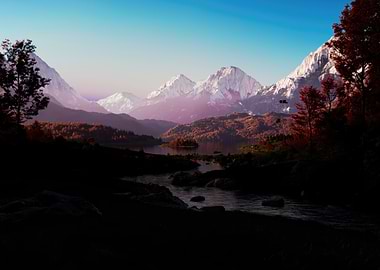 Autumn Mountain Landscape with River