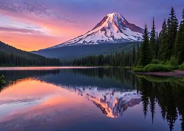 Mountain Reflection at Sunset in Forest Nature