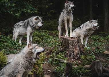 Wolf Pack Howling in Forest