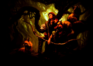 Archer in Dark Forest with Foxes
