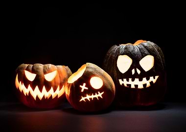 Three Carved Halloween Pumpkins on Black