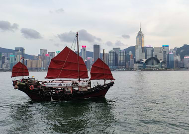 Hong Kong Junk Boat with Skyline