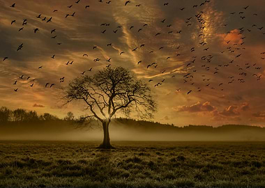 Tree Silhouette with Birds at Sunset