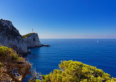 Lighthouse on Cliff Overlooking Blue Sea, Leukada