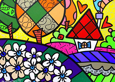 Colorful Abstract Landscape with House and Flowers