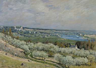 Spring Landscape Painting with Blossoming Trees, alfred sisley painting