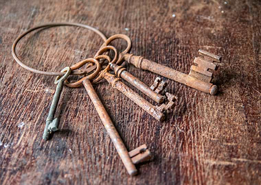 Antique Rusty Keys on Wooden Surface