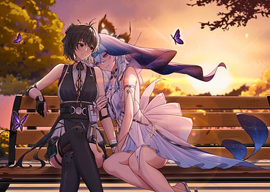 Girls on Bench at Sunset