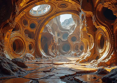 Futuristic Cave Interior with Circular Openings