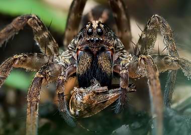 Wolf Spider with Prey Close-Up