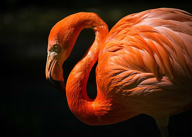 Flamingo Portrait: Orange Bird in Dark