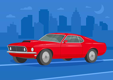 Red Classic Car Cityscape Illustration