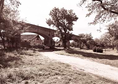 Sepia toned aqueduct landscape with trees