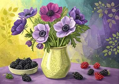 Elegant Purple Anemones with Blackberries and Raspberries: Artistic Still Life