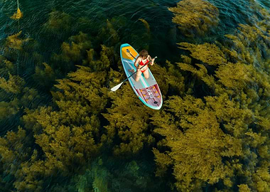 Woman Paddleboarding in Seaweed-Filled Water
