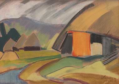 Pastel Landscape with Buildings and Stream