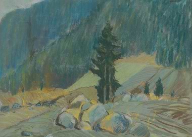 Pastel Landscape with Mountain and Trees