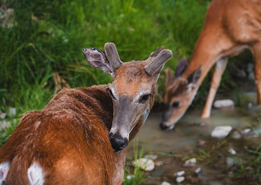 Two Deer Drinking Water in Nature