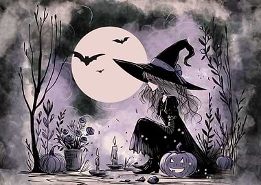 Anime Halloween Witch with Pumpkins and Moon