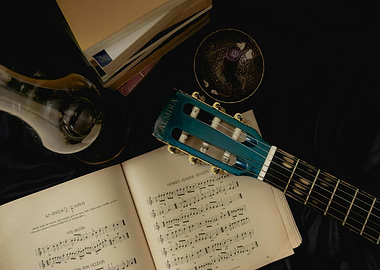 Guitar, Music Sheets, and Still Life