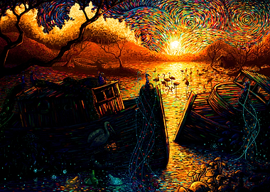 Flamingos at Sunset with Old Boats