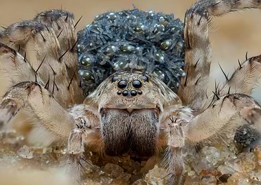 Wolf Spider with Spiderlings Close-Up