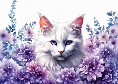 White Cat Surrounded by Purple Flowers