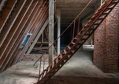 Abandoned Building Interior with Rusty Staircase