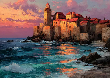 Coastal Town Painting at Sunset