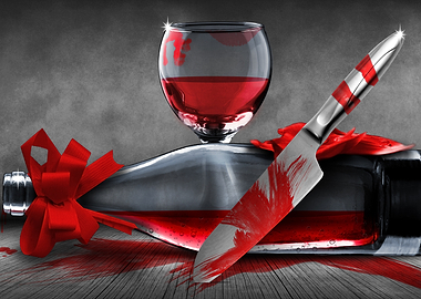 Wine, Knife, and Red Splatter