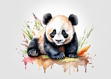 Watercolor Panda with Floral Accents