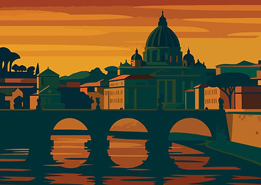 Rome cityscape illustration at sunset