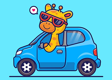 Cartoon Giraffe Driving a Blue Car