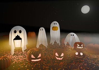 Halloween Night with Ghosts and Pumpkins