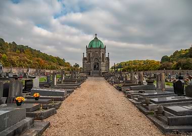 Cemetery with Mausoleum and Autumnal Trees