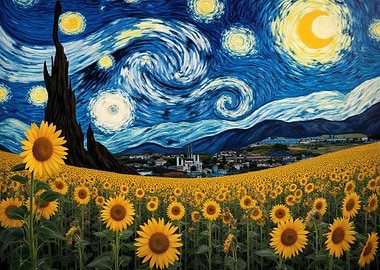 Starry Night Sunflower Field Painting