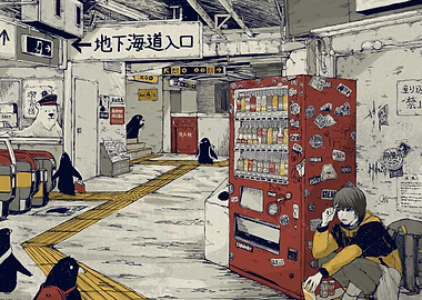 Japanese Subway Station with Penguins and Bear