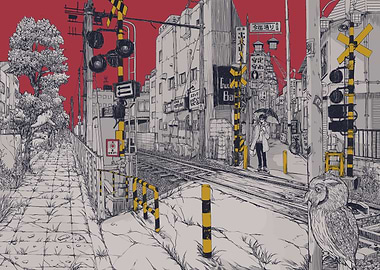 Japanese Street Scene with Train Tracks