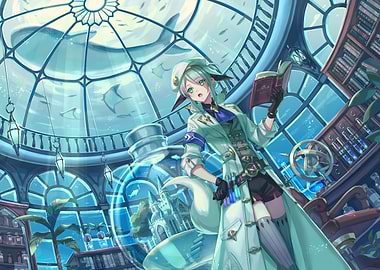 Anime Character in Underwater Library