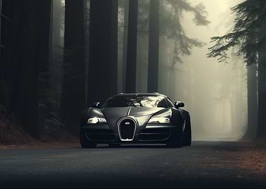 Bugatti in a foggy forest