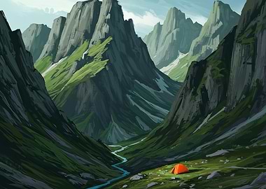 Mountain Valley Camping Landscape Painting