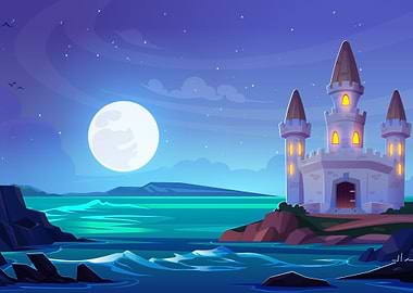 Cartoon Castle by the Sea at Night