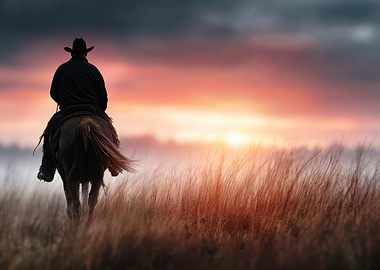 Cowboy riding horse at sunset