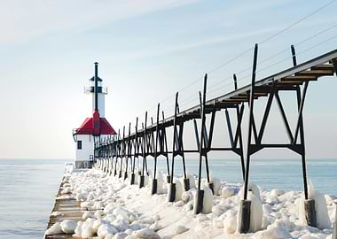Winter Lighthouse on Pier with Ice