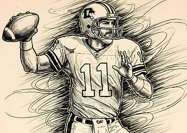 Football Quarterback Throwing Ball Ink Drawing